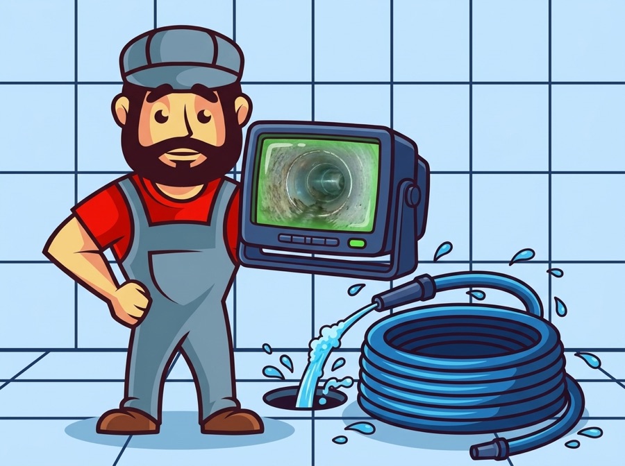 AquaTec mascot running a hydro jetting and drain camera inspection