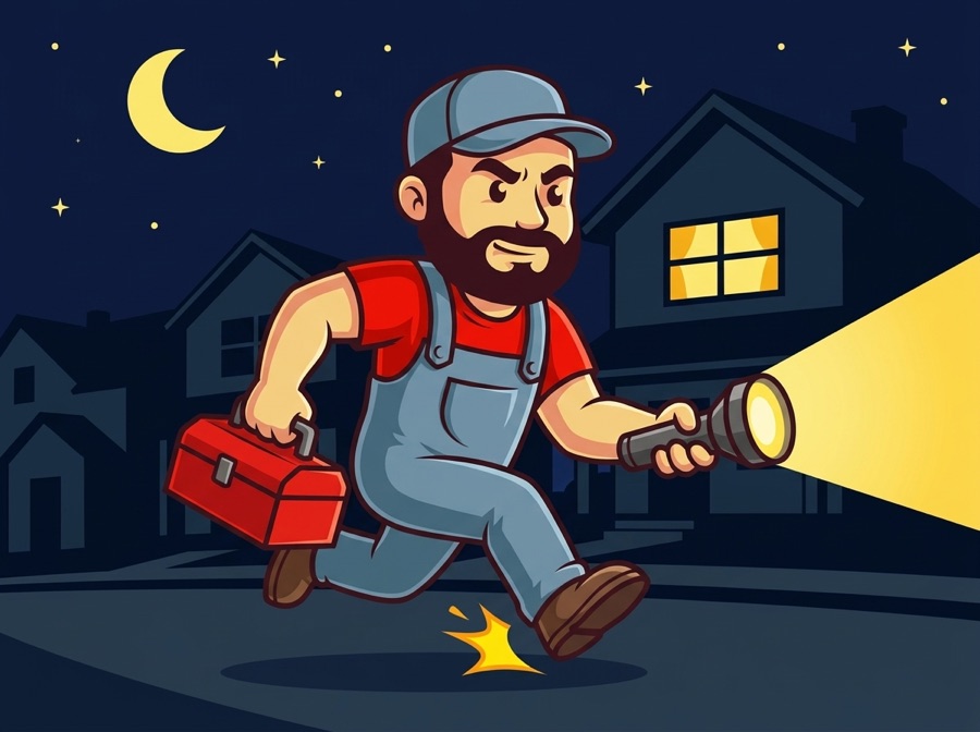 AquaTec mascot responding to a late-night plumbing emergency