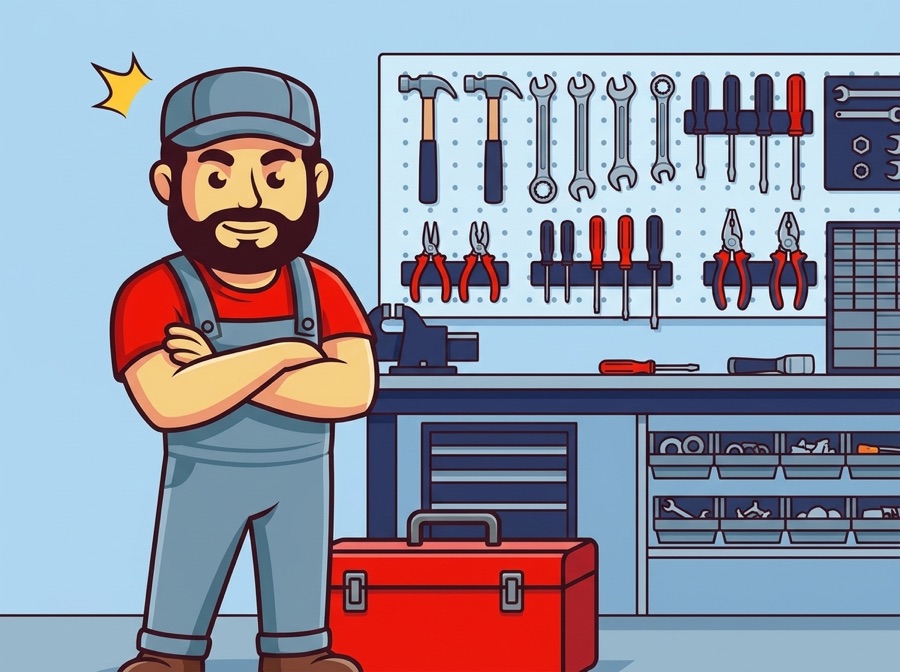 AquaTec Plumbing mascot at a workbench with tools and a red toolbox