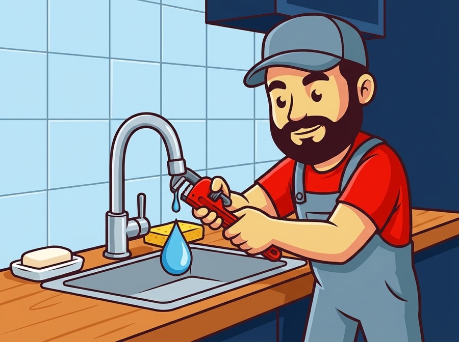 AquaTec mascot repairing a dripping kitchen faucet