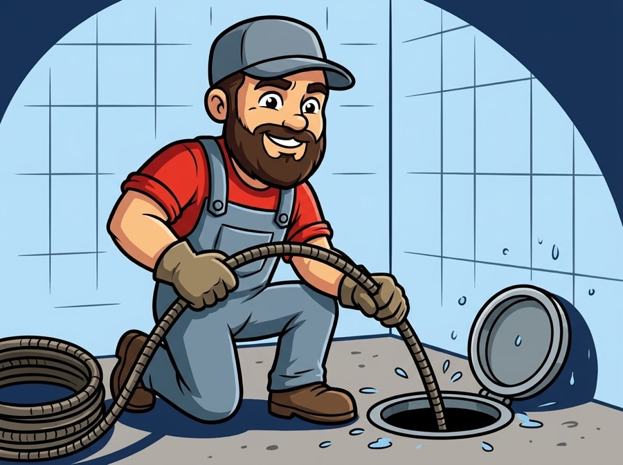 AquaTec mascot clearing a clogged main sewer line