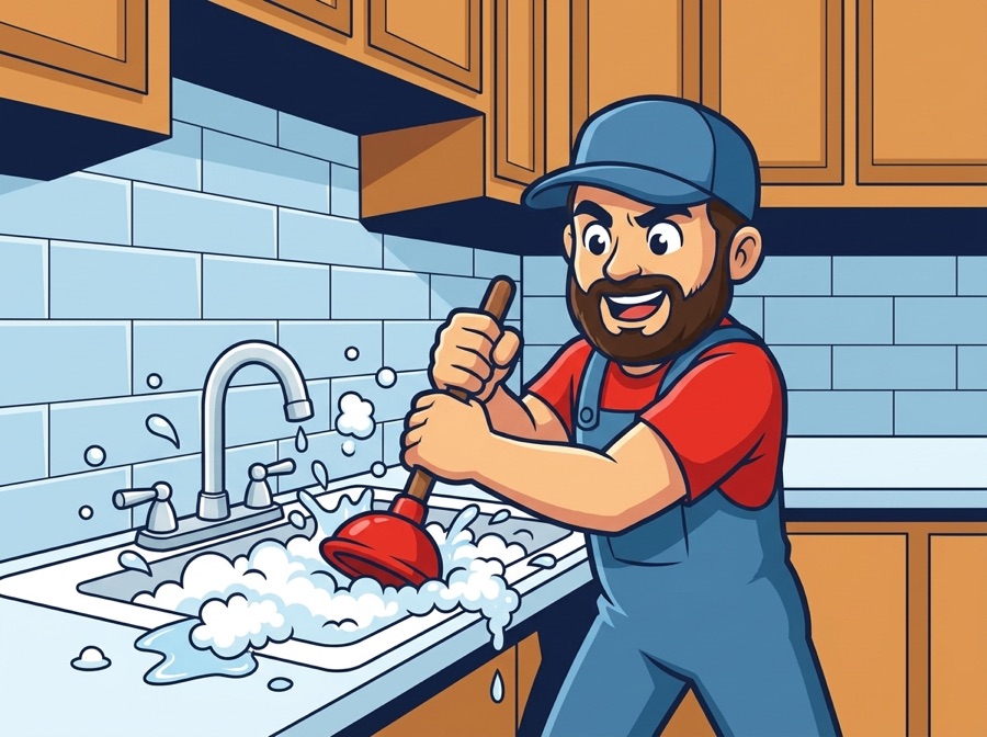 AquaTec mascot repairing a clogged kitchen sink