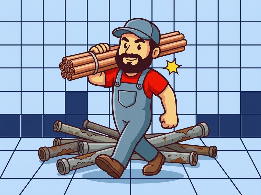 AquaTec mascot installing new water supply pipes during a repipe