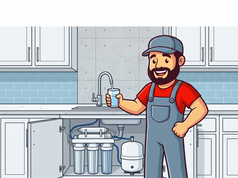 AquaTec mascot pouring a glass from a reverse osmosis drinking water faucet
