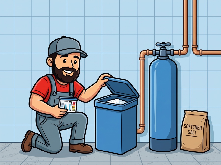 AquaTec mascot checking the salt level in a water softener brine tank