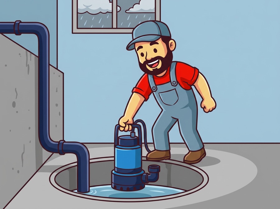 AquaTec mascot installing a sump pump in a basement