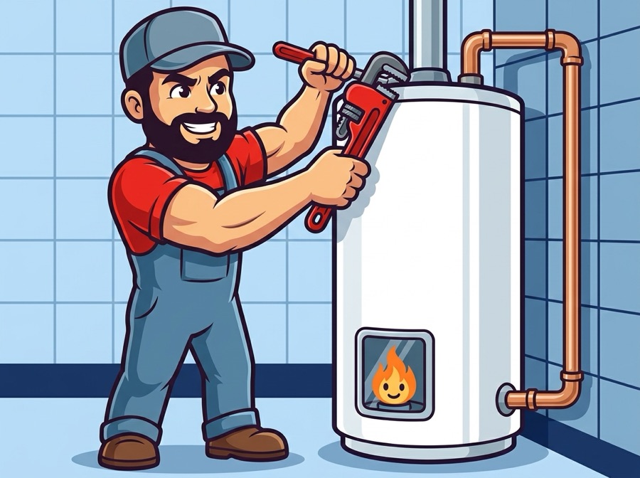 AquaTec mascot installing a water heater
