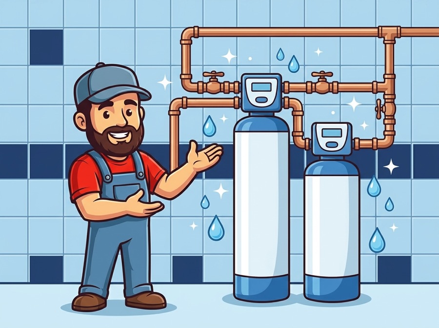 AquaTec mascot installing a water softener system