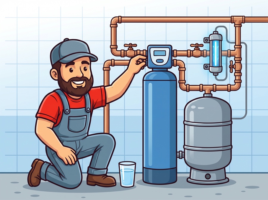 AquaTec mascot adjusting an iron filter beside a well pressure tank and UV unit