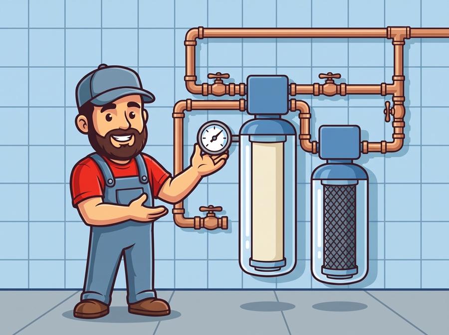AquaTec mascot checking the pressure gauge on a whole-home water filtration system